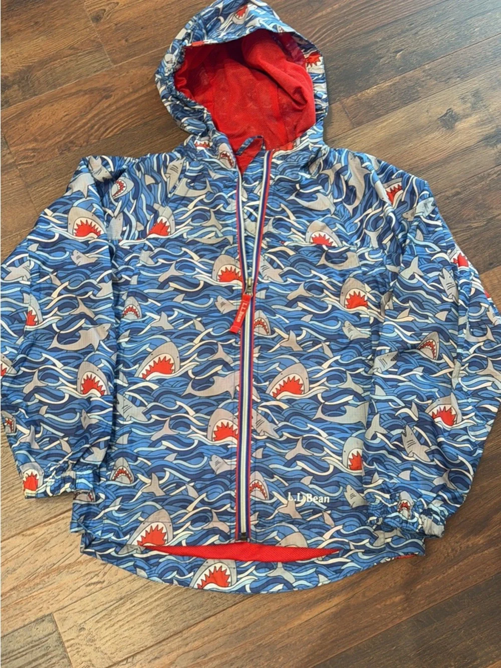 L.L. Bean Kids' Blue Shark Wave Hooded Swim Rashguard with Red Lining